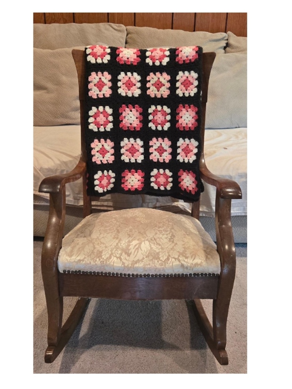 Vintage 80s Blanket Queen Hand Crocheted Black Pink White Granny Square Home VTG